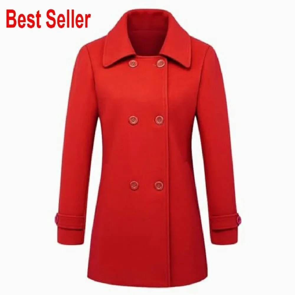 Wool Blend Peacoat Double Breasted Trench Coat Classic Elegant Fall Winter